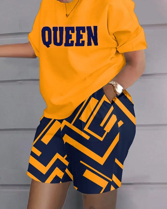 Women's T-shirt+Hot Pants Two Piece Se Summer Fashion Casual Printing Quick Drying Sports Fitness Top Shorts Female Suit
