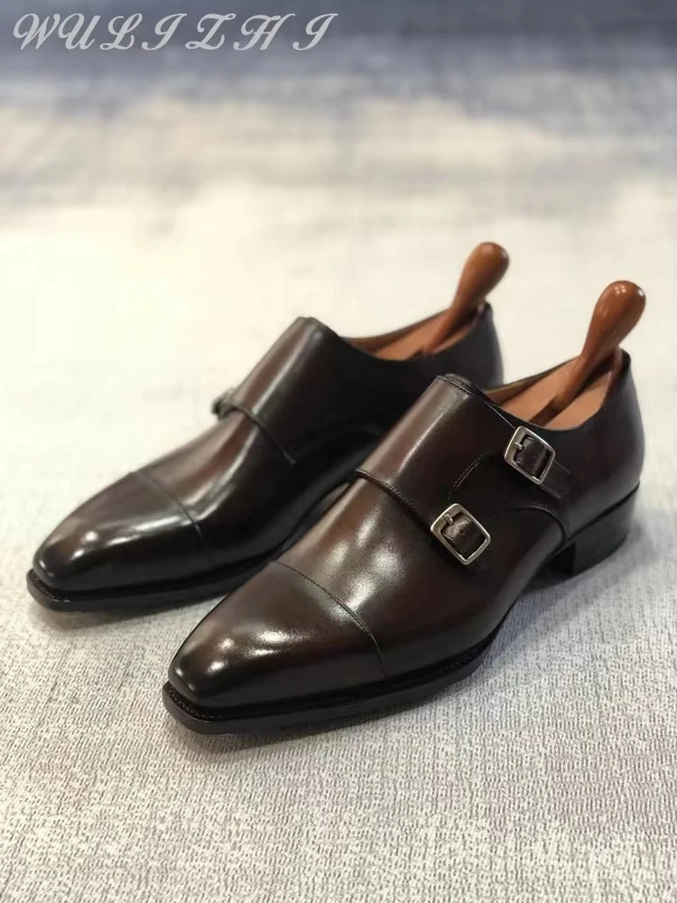 Men'S Brown Cowhide Flat Soled Formal Leather Shoes Trendy Double Button Square Toe Banquet Leather Business Oxford Shoes