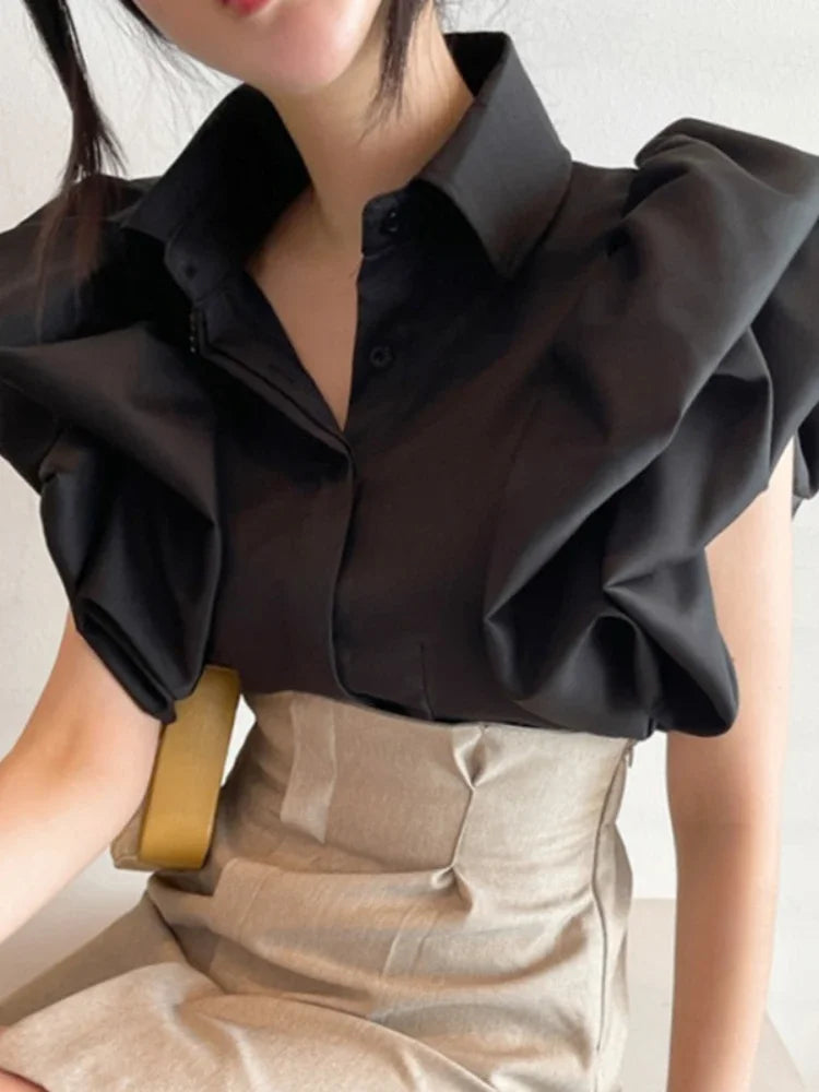 Puff Sleeve Elegant Shirt White Black All Match Blouse Turn Down Collar Office Ladies Blusa Female Casual Tops