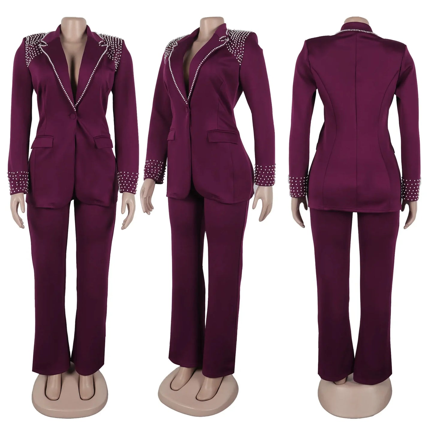 Pearl Splicing Women'S Set Long Sleeve Blazer and Wide Leg Pants Suit 2 Piece Set Outfit