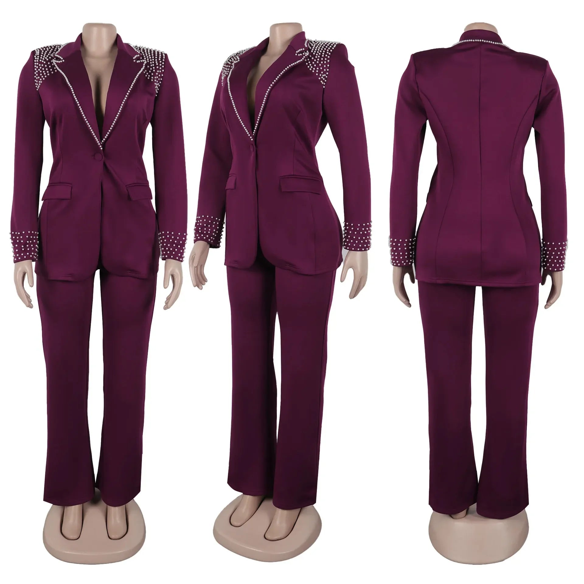 Pearl Splicing Women'S Set Long Sleeve Blazer and Wide Leg Pants Suit 2 Piece Set Outfit