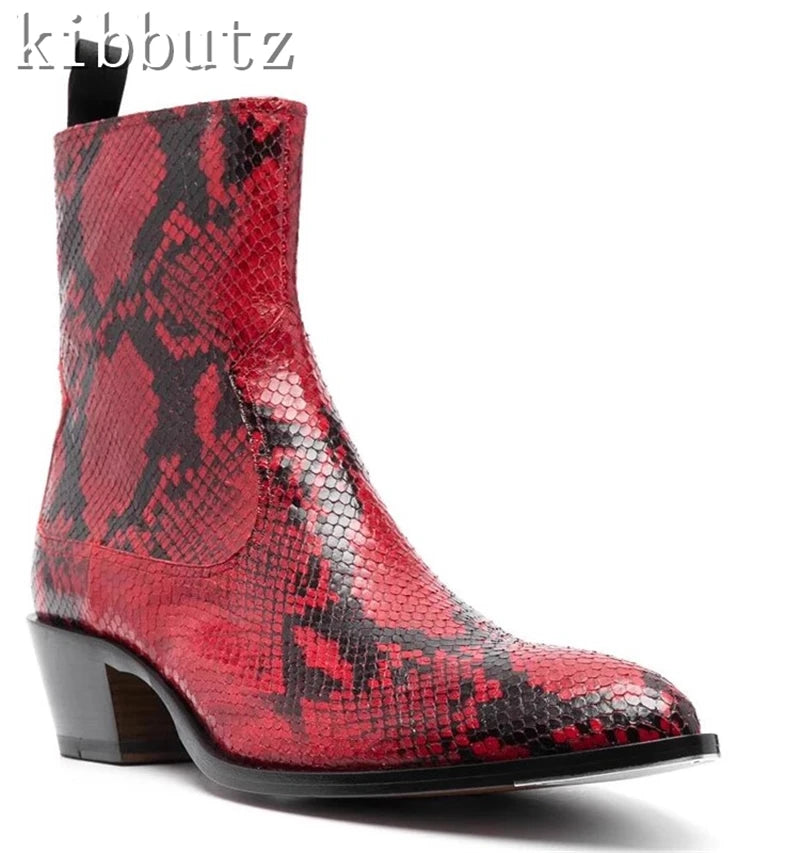 Luxury Brand Men'S Chelsea Boots Genuine Leather Snake Patterned Pointed Toe High Heels Side Zipper Cowhide Ankle Boots