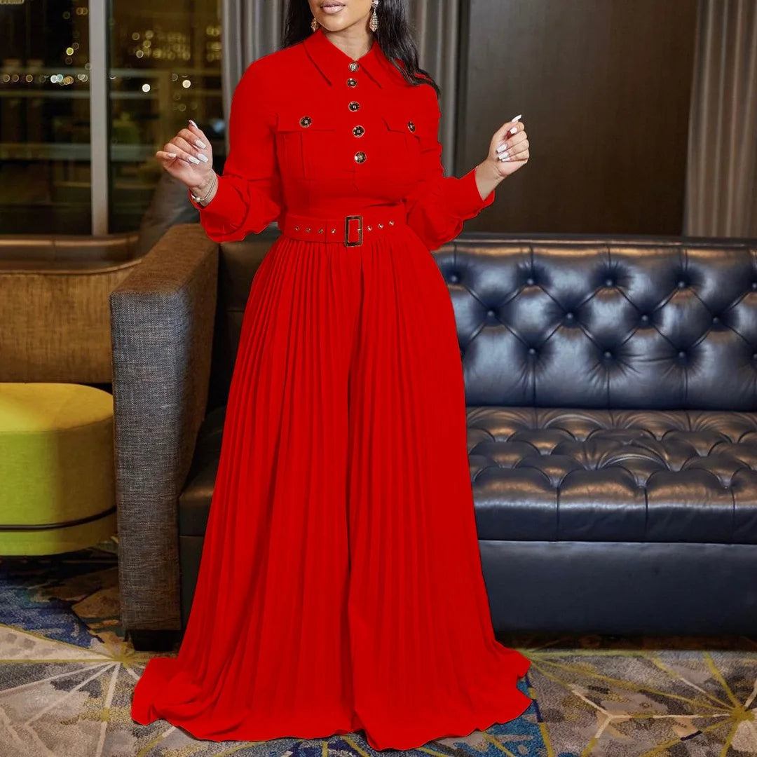 Luxury Pleated Jumpsuits for Women Turn Down Collar Single Breasted Full Sleeve Belt Waisted Floor Length Elegant Party Outfits