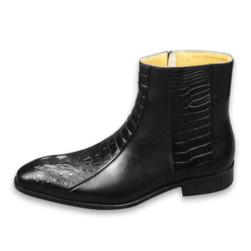 Elegant Mens Dress Boots Handmade Genuine Cow Leather Crocodile Skin Printing Zipper Luxury Design Autumn Casual Shoes for Men
