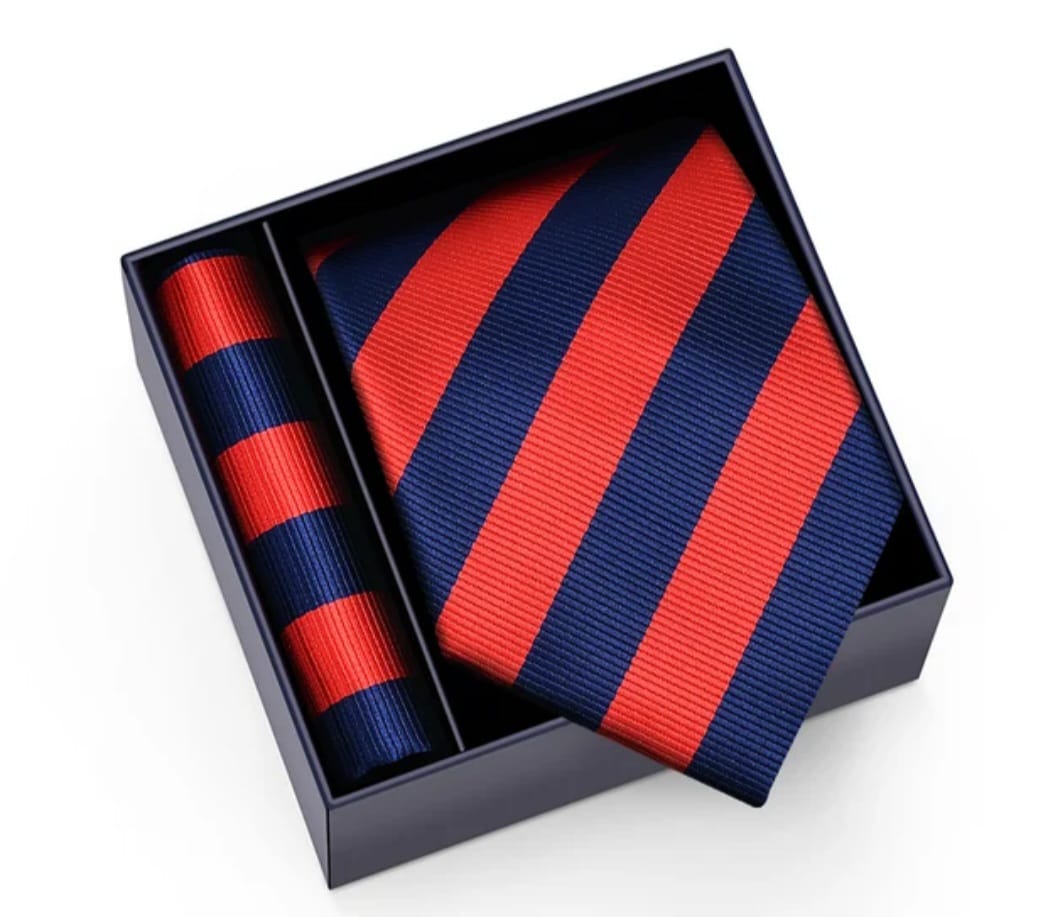 Original stripped blue and red silk tie with pocket handkerchief