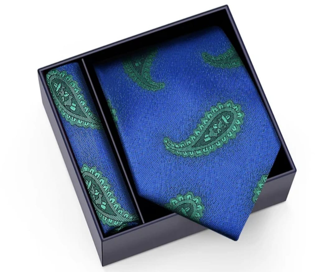 Original blue silk tie with pocket handkerchief