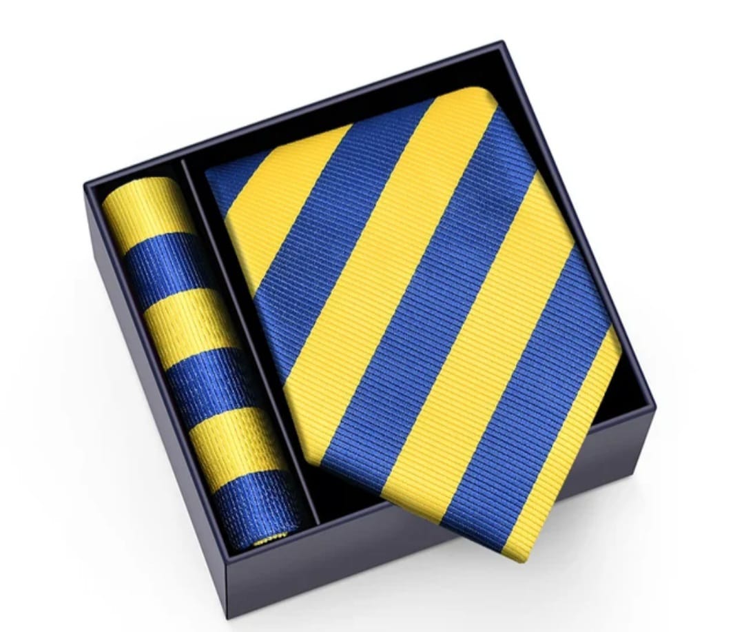 Original stripped blue and yellow silk tie with pocket handkerchief