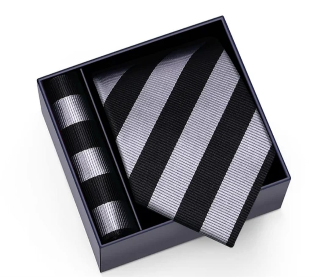 Original stripped black and gray silk tie with pocket handkerchief