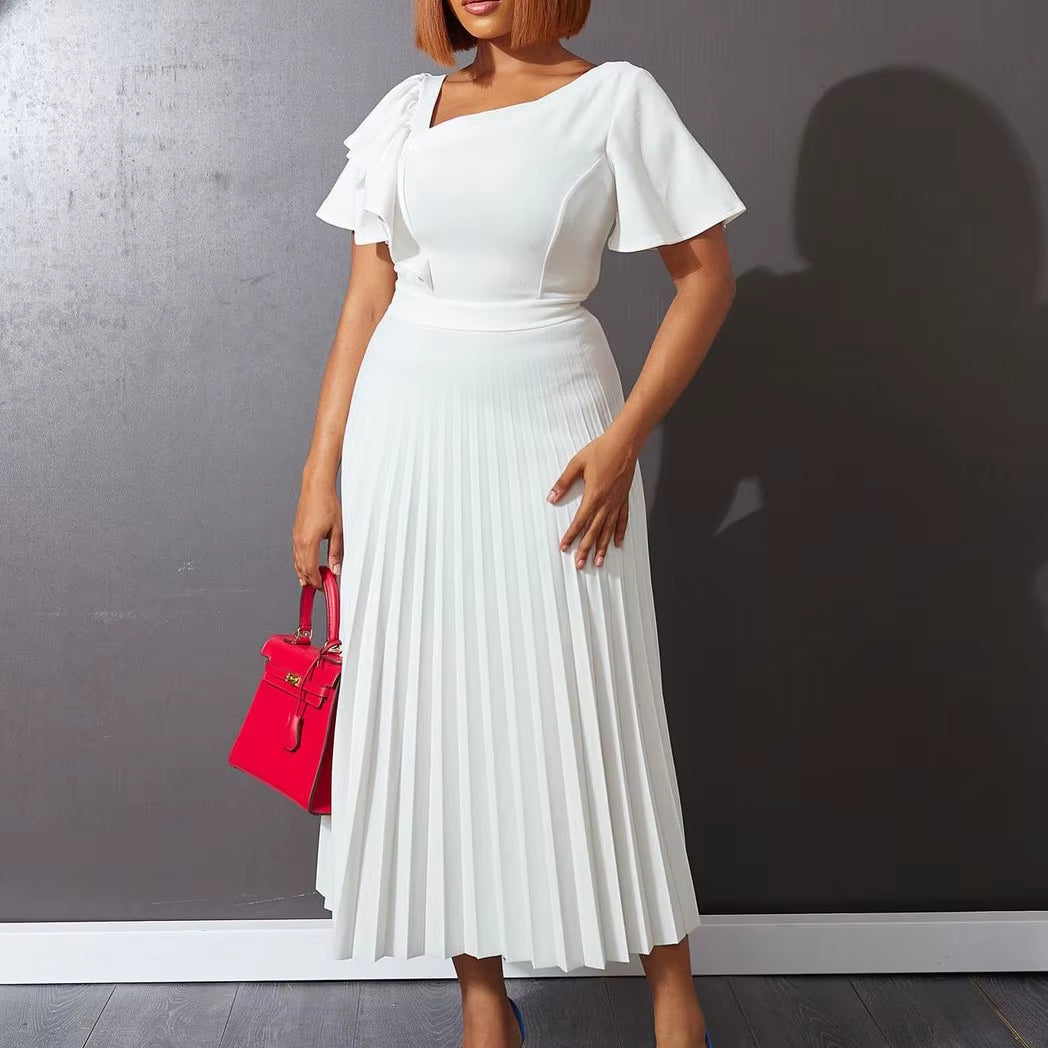 Women Pleated Midi Dresses Short Sleeve Ruffles Elegant a Line Spring Summer Chic Fashion Gown Party Birthday Robes Maxi Dress